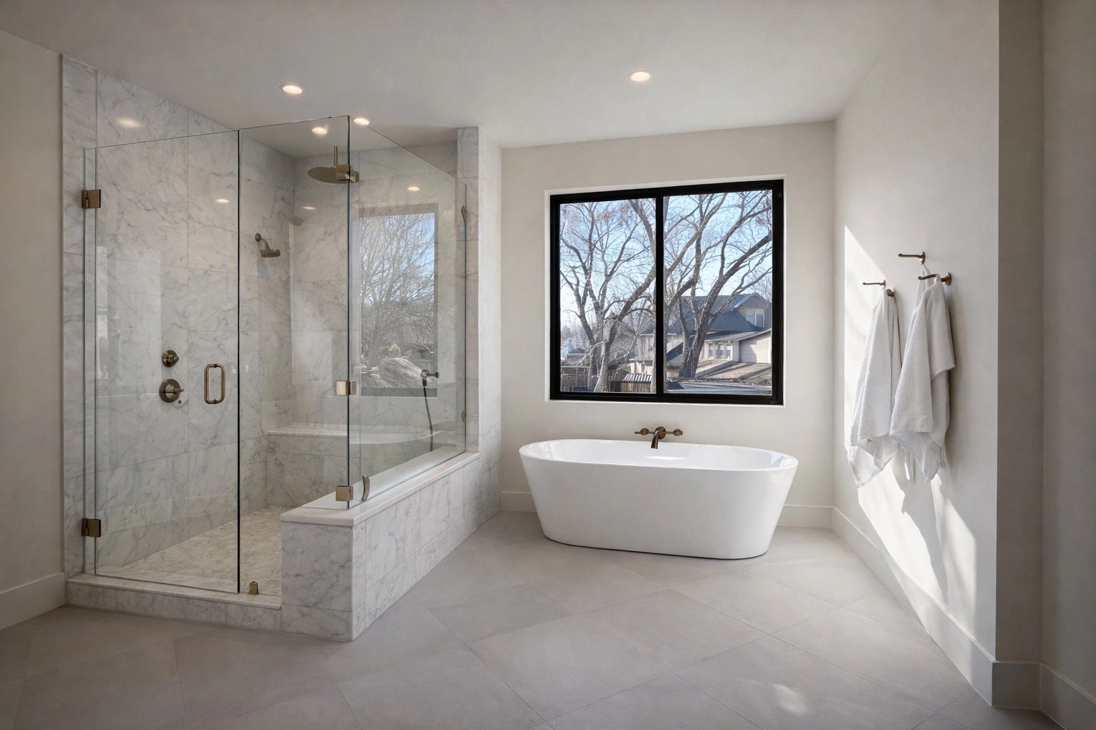 Primary shower and tub — Select Custom Home